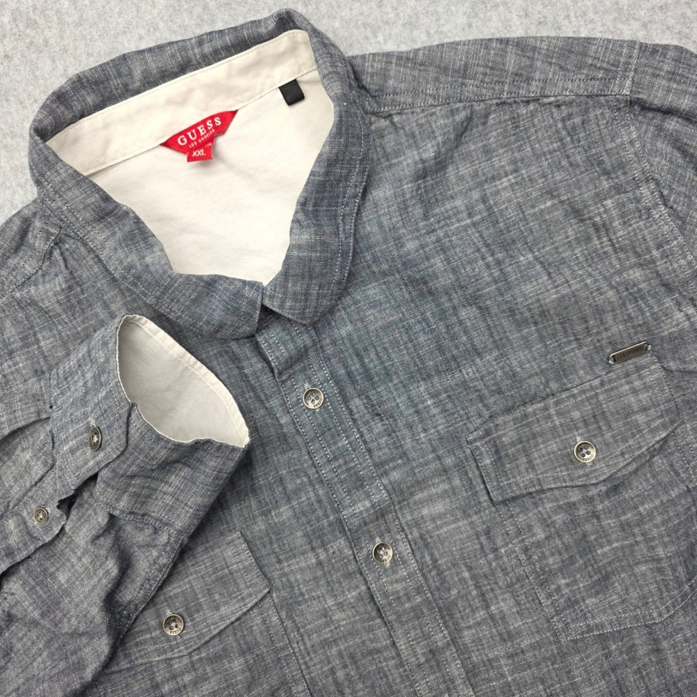GUESS Men's Grey Chambray Long Sleeve Button Up Shirt XXL Roll up Sleeve‎